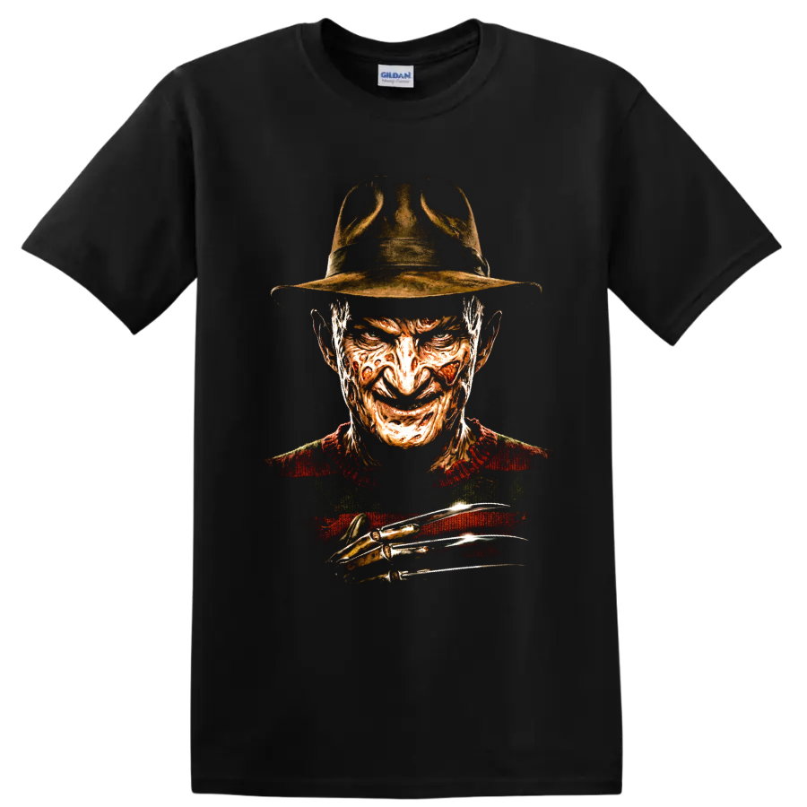 Freddy Krueger horror portrait with fedora and razor glove graphic on a Black T Shirt