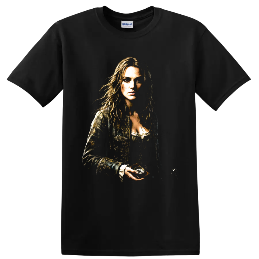 Elizabeth Swann pirate heroine portrait with ornate coat and dramatic shading on a Black T Shirt