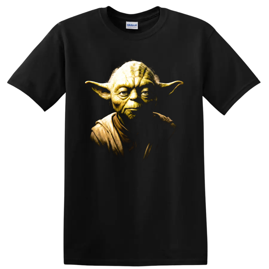 Yoda Star Wars portrait graphic with dramatic golden-green cinematic shading on a Black T Shirt