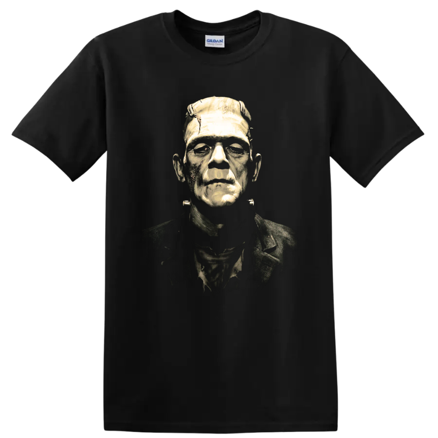 Frankenstein's Monster distressed gothic horror portrait on a Black T Shirt