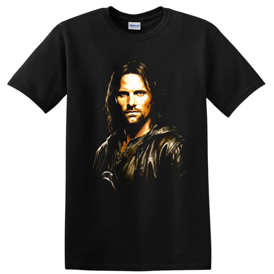 Aragorn fantasy ranger portrait graphic from The Lord of the Rings on a Black T Shirt