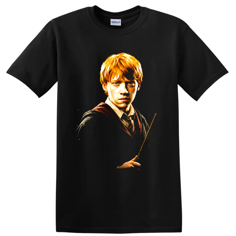 Ron Weasley wizard wand portrait graphic print on a Black T Shirt