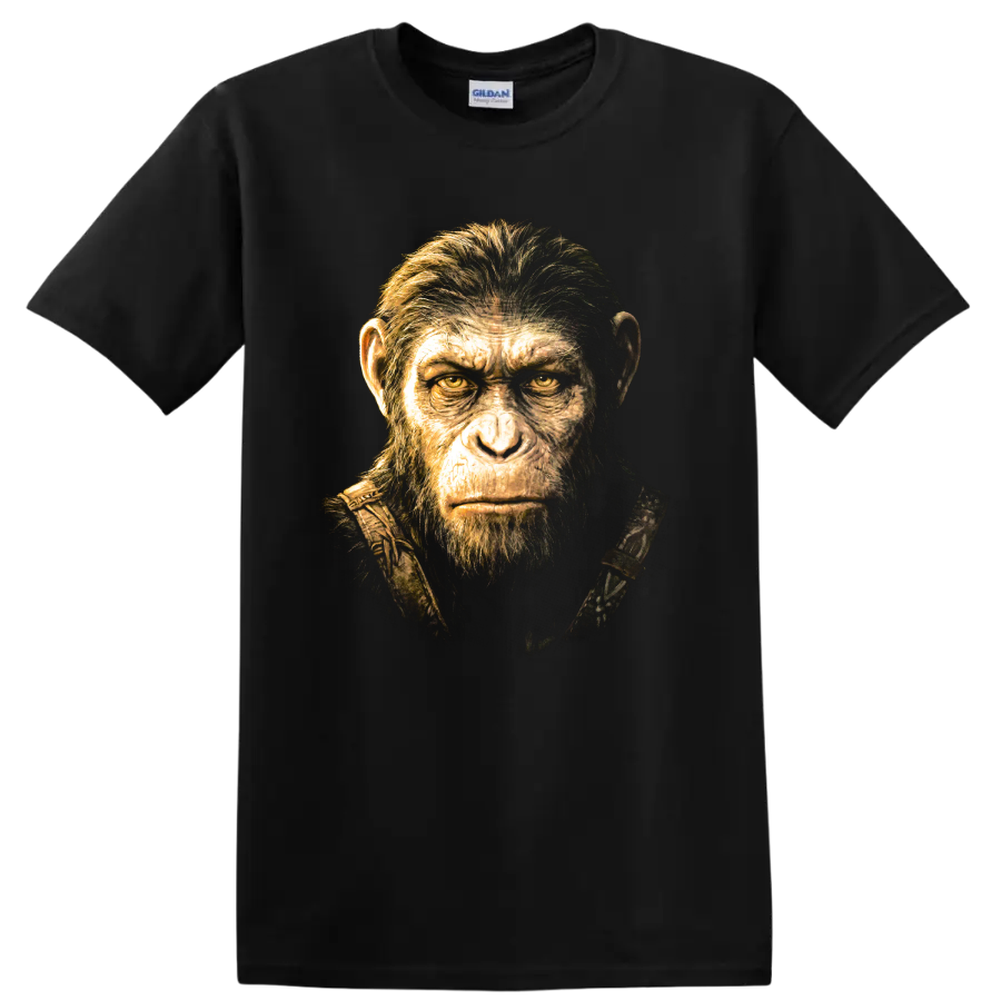 Caesar from Planet of the Apes cinematic ape portrait graphic on a Black T Shirt