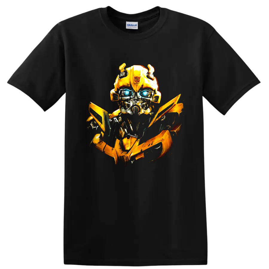 Bumblebee yellow robot graphic with glowing blue eyes on a Black T Shirt