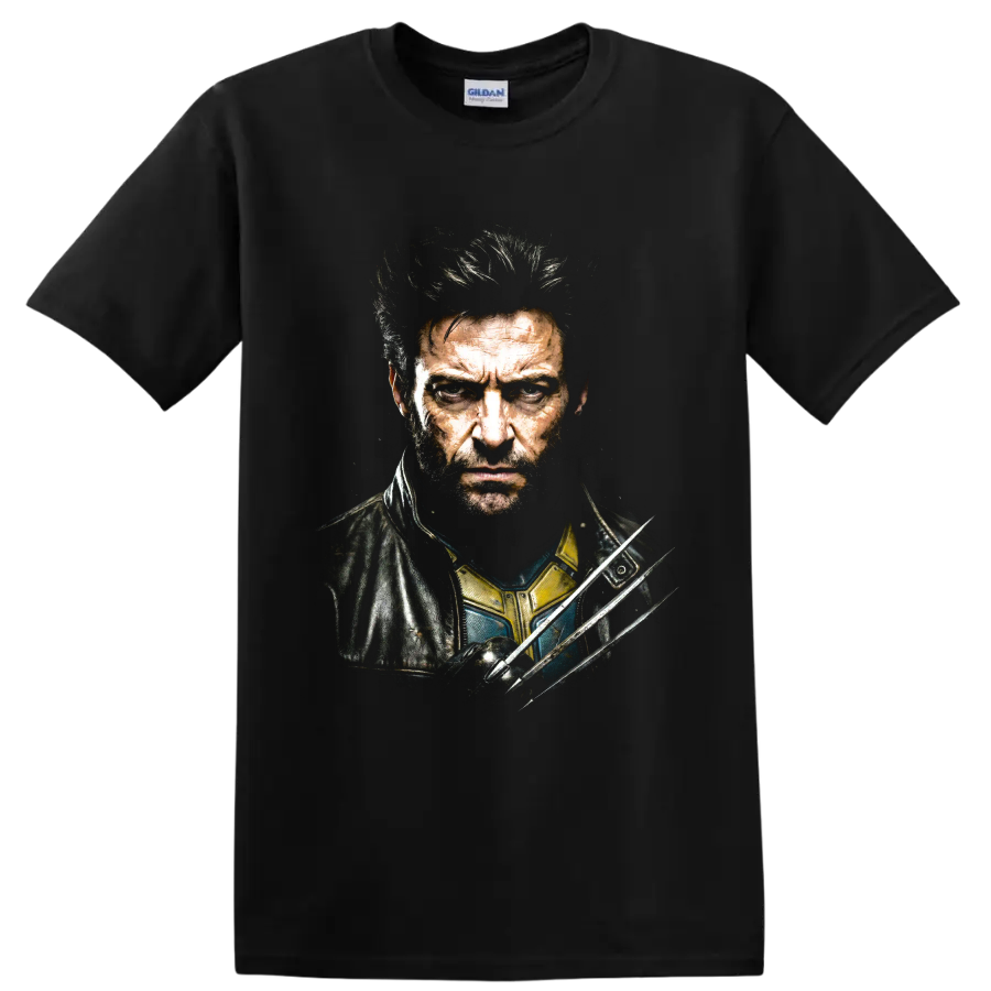 Gritty Logan Wolverine portrait with three extended claws on a Black T Shirt