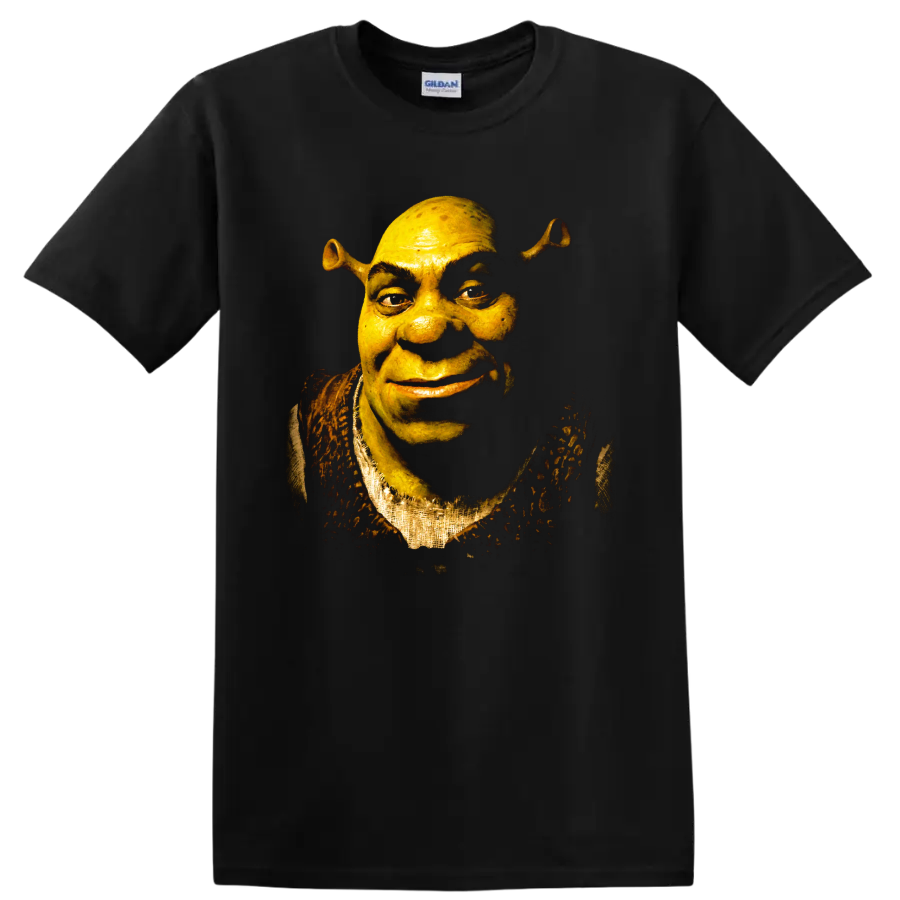 Shrek green ogre close-up portrait in dark fantasy graphic style on a Black T Shirt