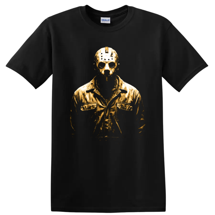Jason Voorhees distressed gold masked portrait graphic on a Black T Shirt