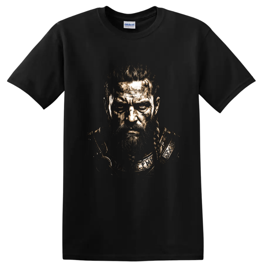 Ragnar Lothbrok distressed Norse warrior portrait graphic on a Black T Shirt