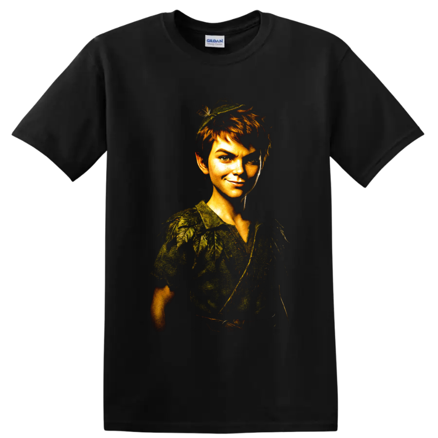 Peter Pan fantasy forest boy portrait graphic print on a Black T Shirt