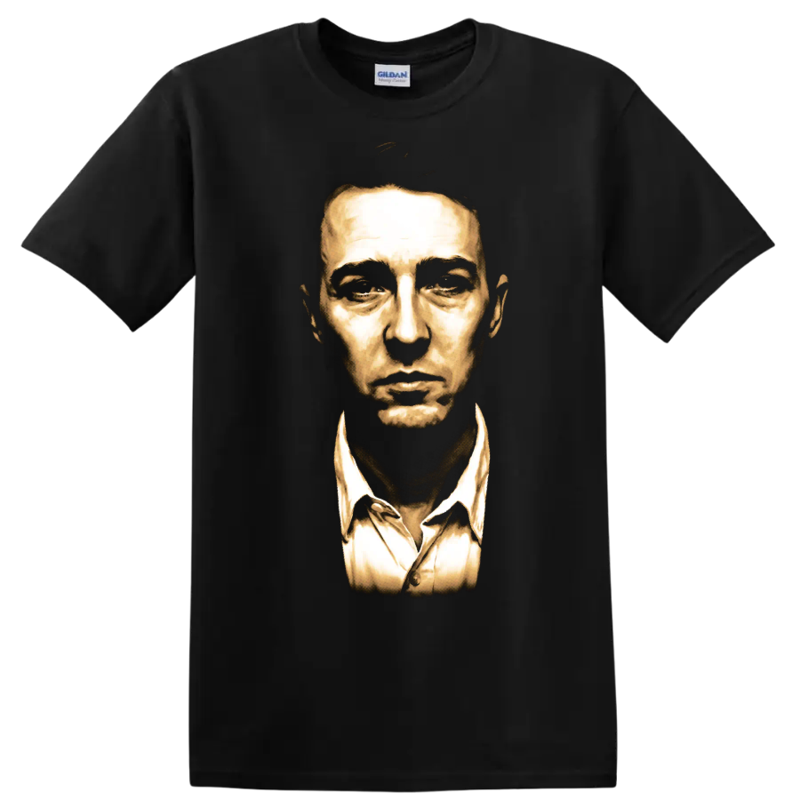 Edward Norton as The Narrator in a dramatic golden Fight Club portrait on a Black T Shirt