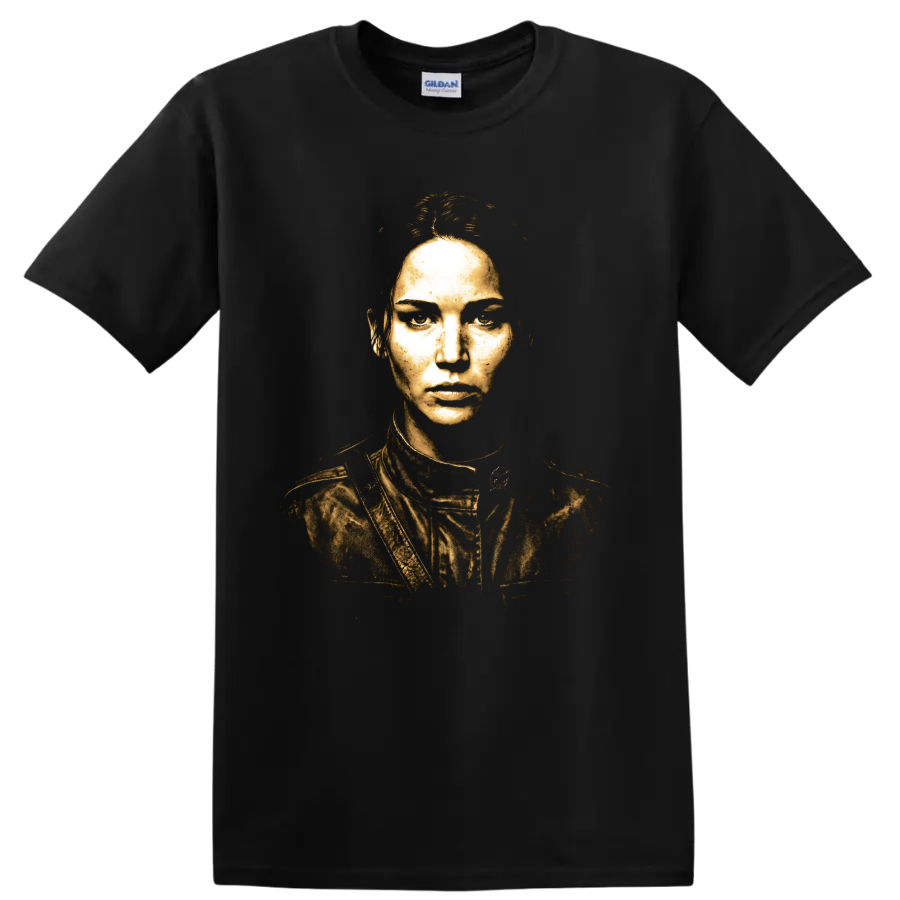 Katniss Everdeen distressed gold portrait graphic print on a Black T Shirt