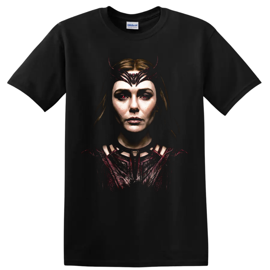Scarlet Witch dark cinematic portrait with crimson crown on a Black T Shirt