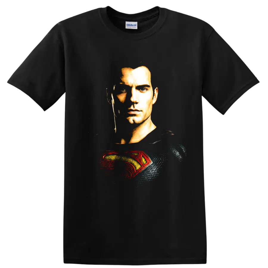 Superman portrait with red and gold emblem graphic on a Black T Shirt
