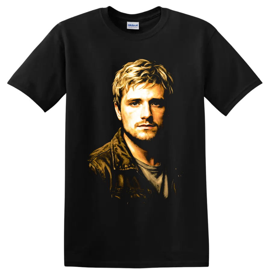 Peeta Mellark painterly cinematic portrait on a Black T Shirt