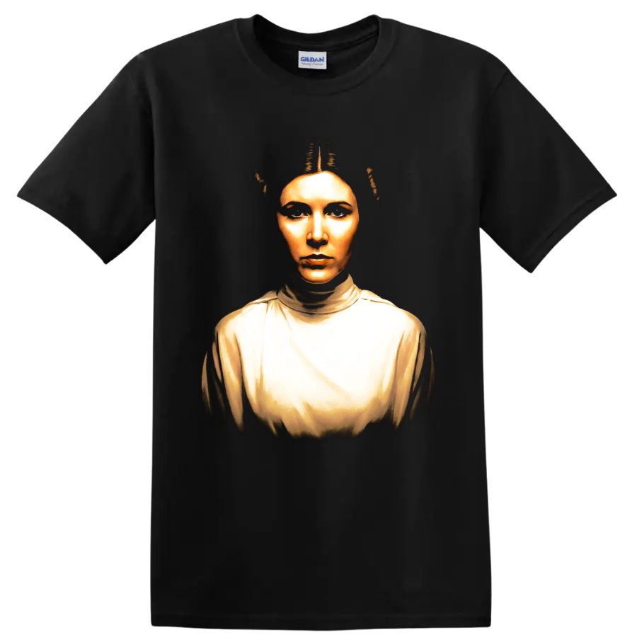 Princess Leia Organa portrait in golden cinematic style on a Black T Shirt