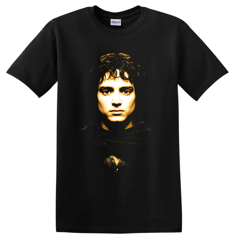 Frodo Baggins fantasy portrait in a shadowed hood on a Black T Shirt