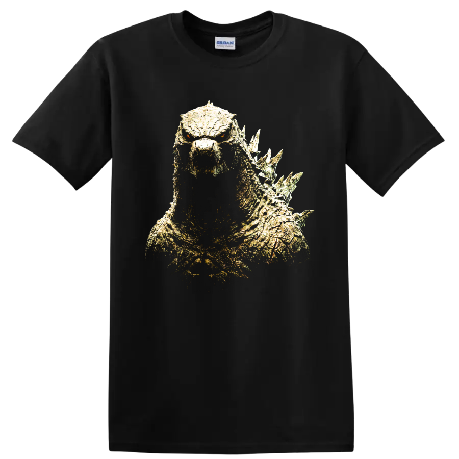 Godzilla Minus One distressed monster portrait with glowing eyes and dorsal spines on a Black T Shirt