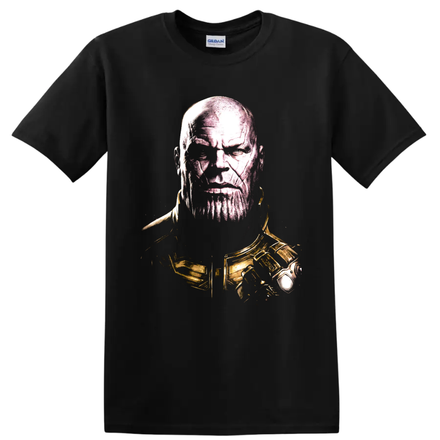 Thanos portrait graphic with gold armor in a gritty comic-art style on a Black T Shirt
