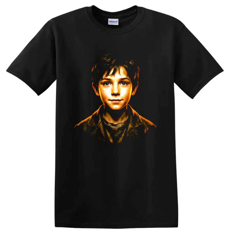 Sebastien portrait from Belle and Sebastian in warm cinematic illustrated style on a Black T Shirt