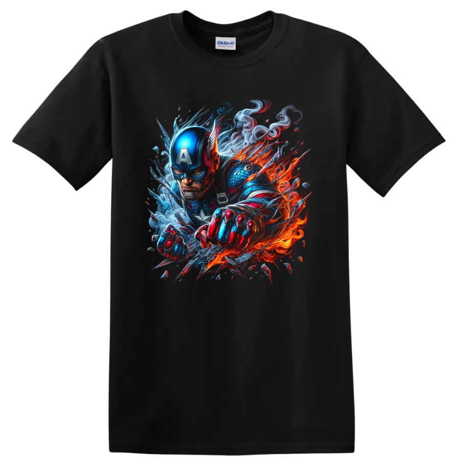 Captain America fiery action graphic with blue armor, red details, smoke, and flames on a Black T Shirt