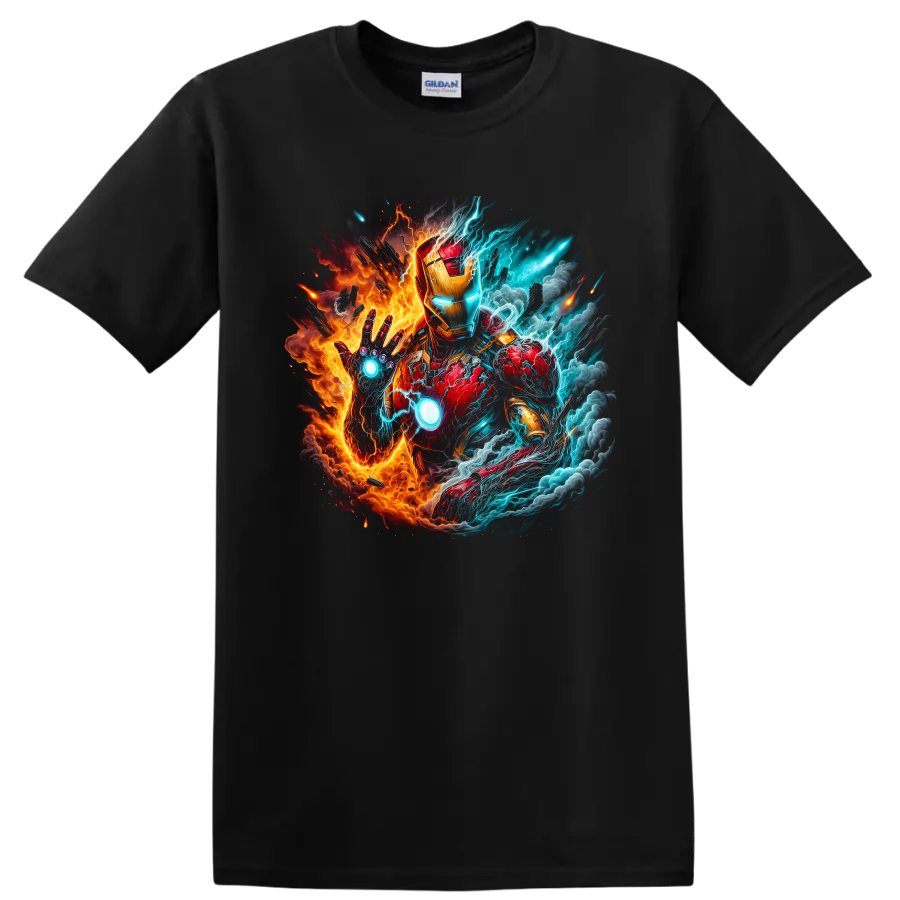 Iron Man in fiery red and gold armor with blue lightning comic battle art on a Black T Shirt