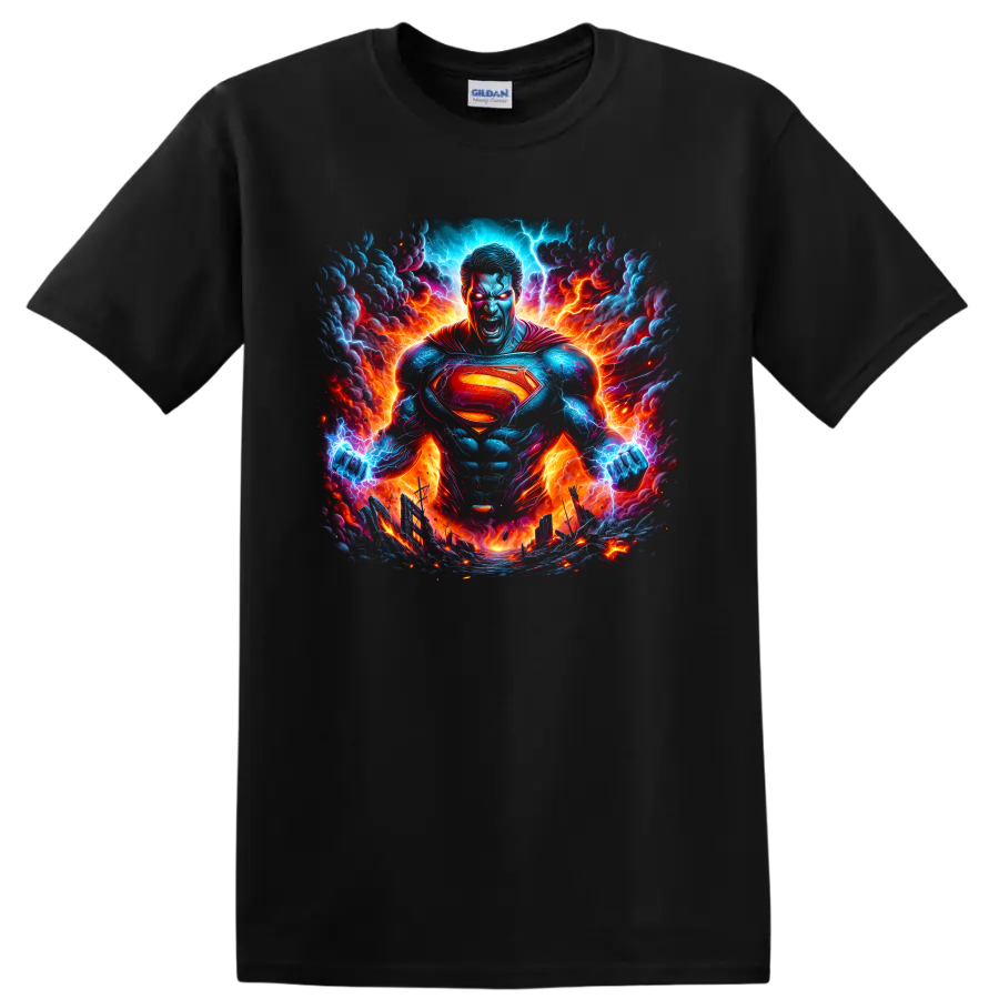 Superman in fiery lightning storm comic art with glowing chest shield on a Black T Shirt