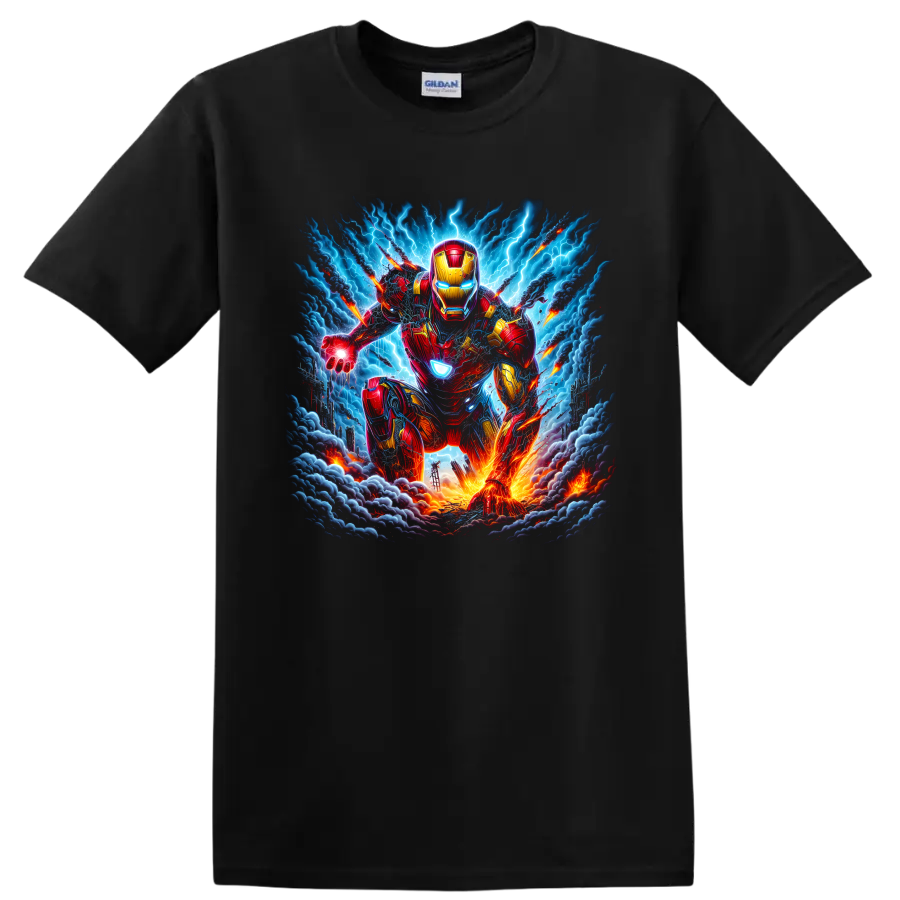 Iron Man armored superhero charging through lightning storm action artwork on a Black T Shirt