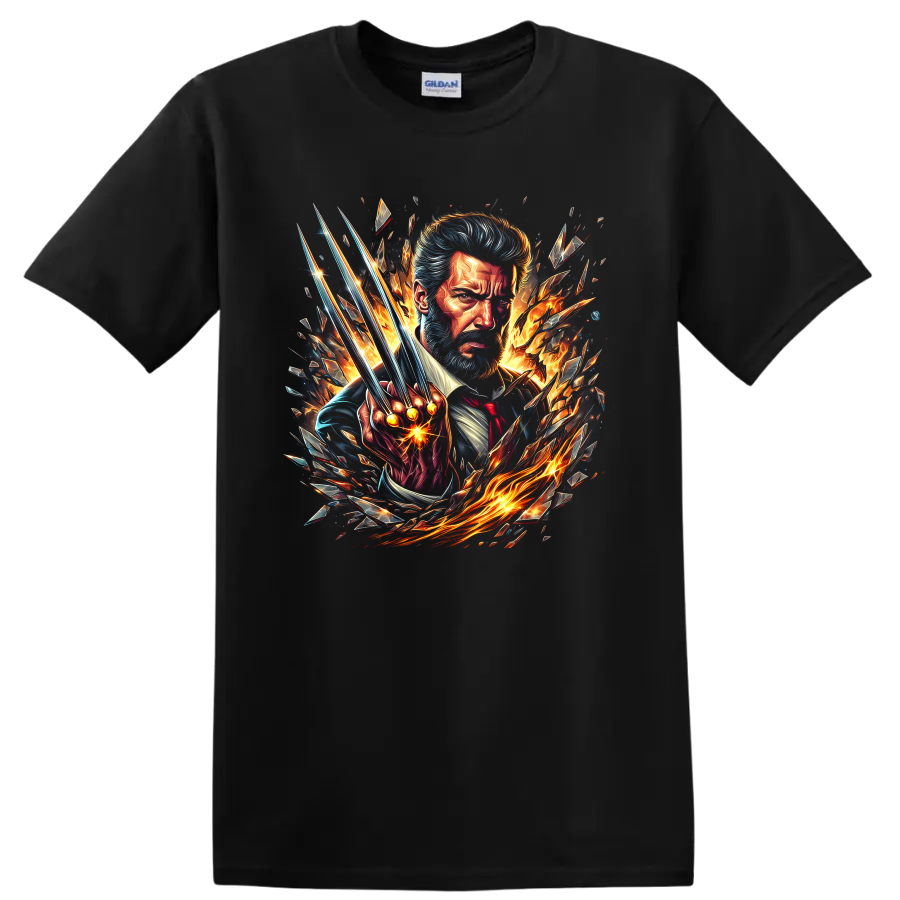 Old Man Logan Wolverine portrait with extended claws, flames, and shattered comic art on a Black T Shirt