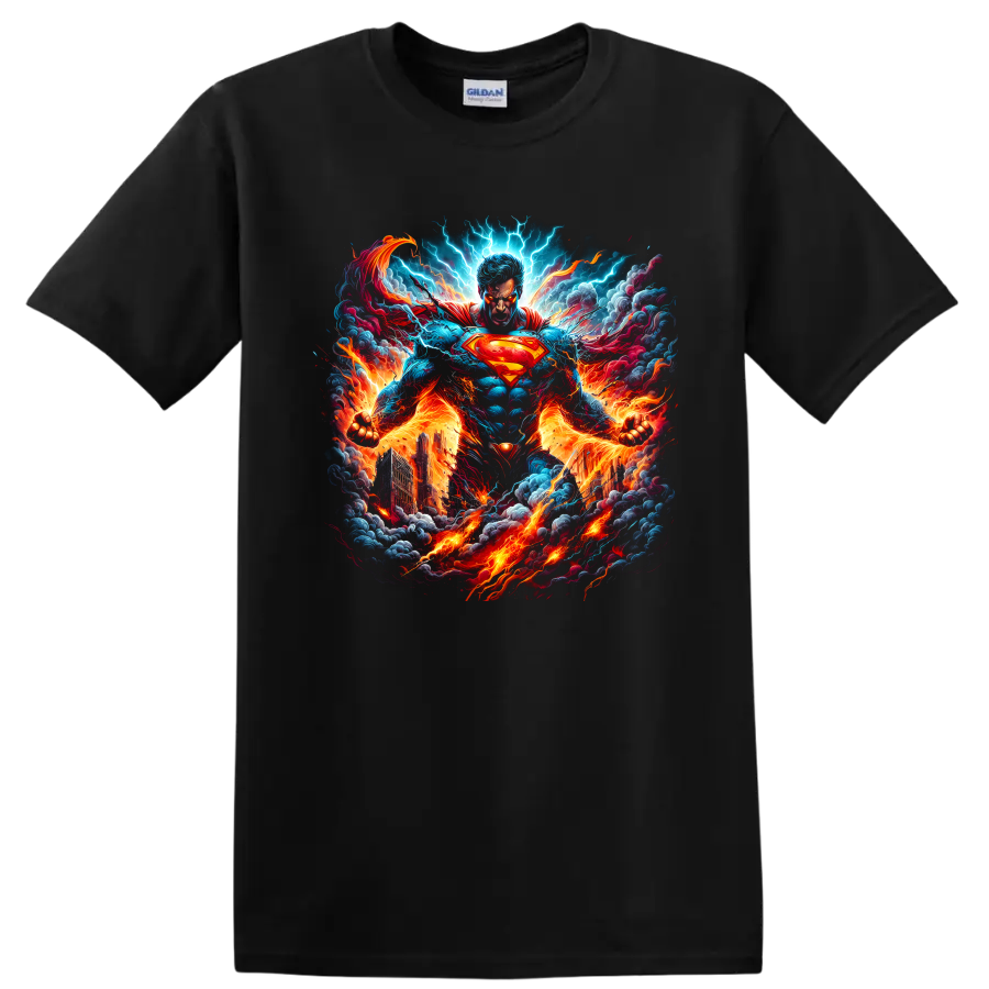 Superman comic-style art with lightning, flames, smoke, and a blazing cityscape on a Black T Shirt