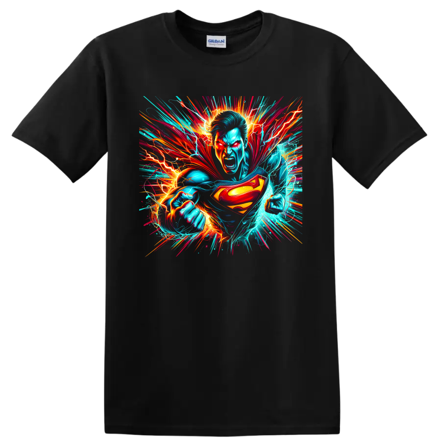 Superman neon lightning comic action graphic with cape, shield, and clenched fists on a Black T Shirt