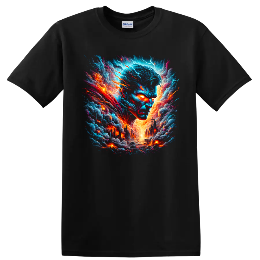 Superman cosmic storm portrait with glowing eyes, electric clouds, and fiery city on a Black T Shirt