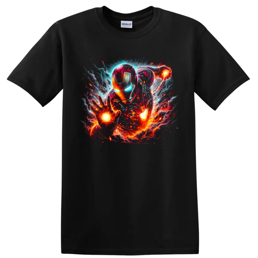 Iron Man in glowing red-and-gold armor with arc reactor and cosmic battle energy on a Black T Shirt