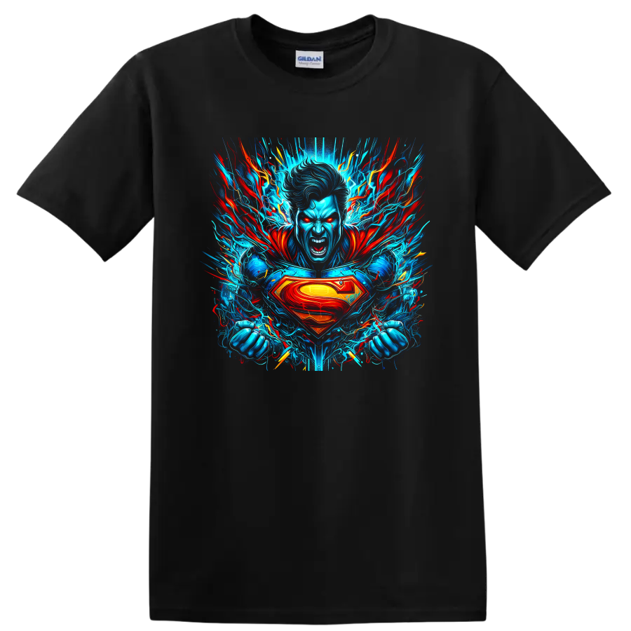 Superman electric blue and red energy burst comic hero graphic with S shield on a Black T Shirt