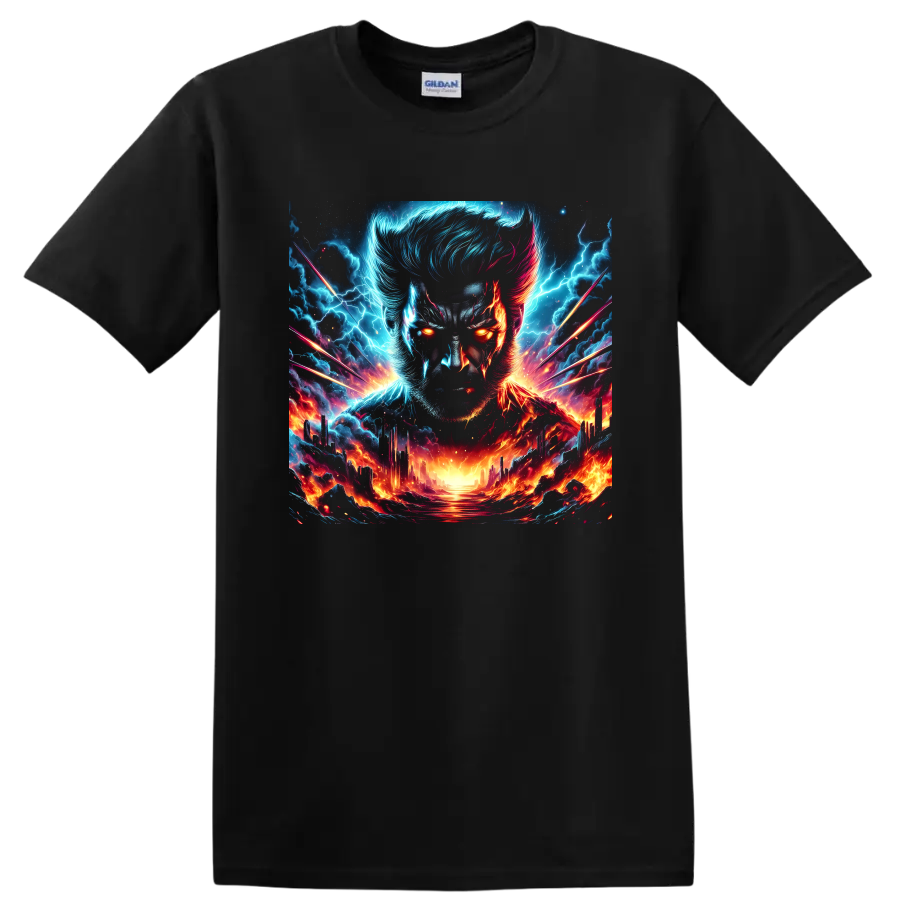 Wolverine portrait in electric lightning and fiery cosmic landscape graphic art on a Black T Shirt