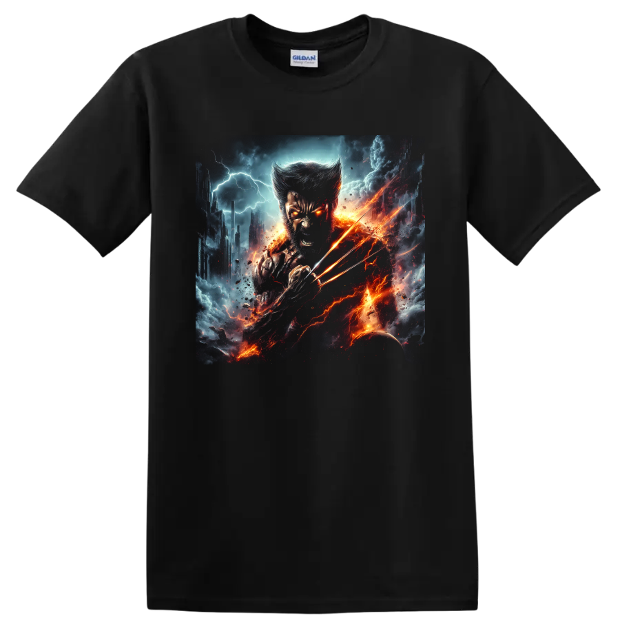 Wolverine Weapon X with extended claws in fiery lightning comic battle art on a Black T Shirt