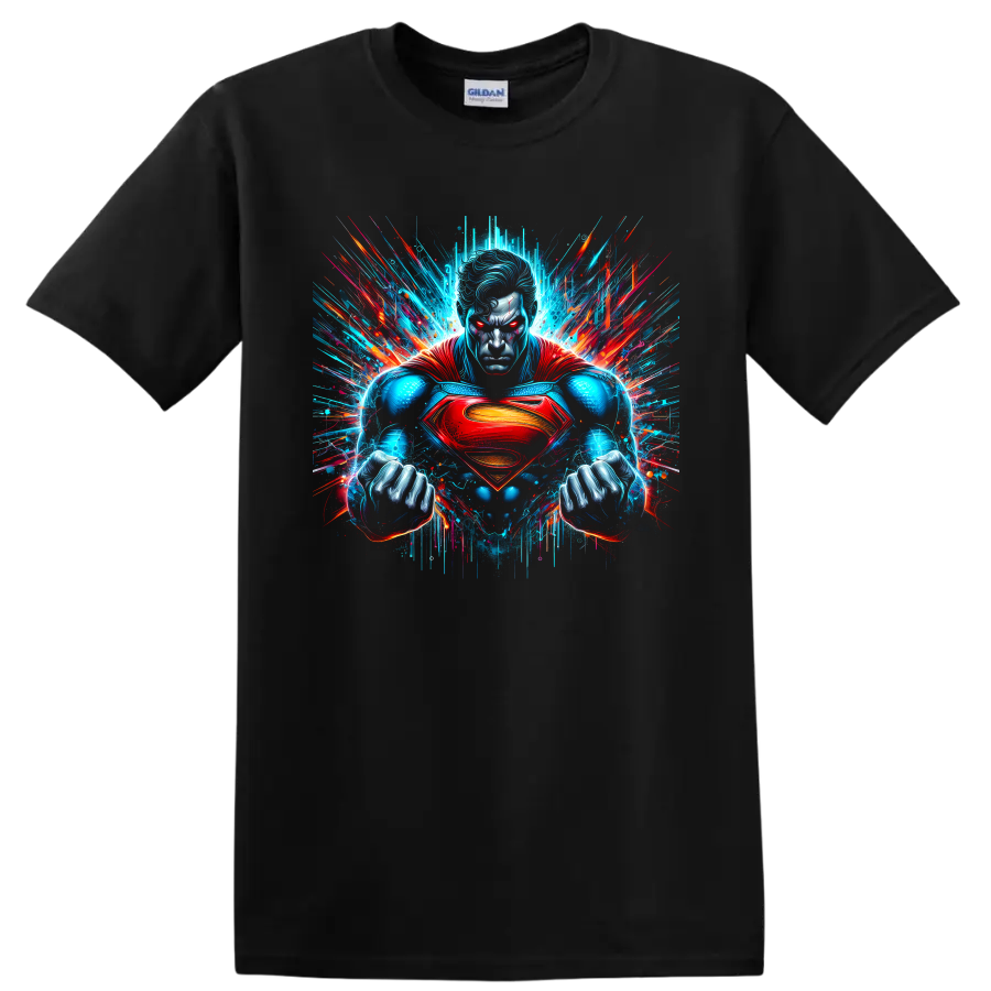 Superman in neon comic art with glowing eyes, red cape, chest shield, and paint bursts on a Black T Shirt