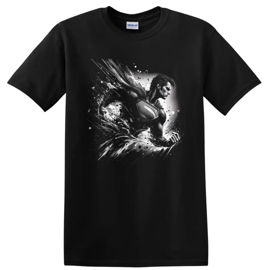 Superman in monochrome comic art with cosmic splashes and motion trails on a Black T Shirt