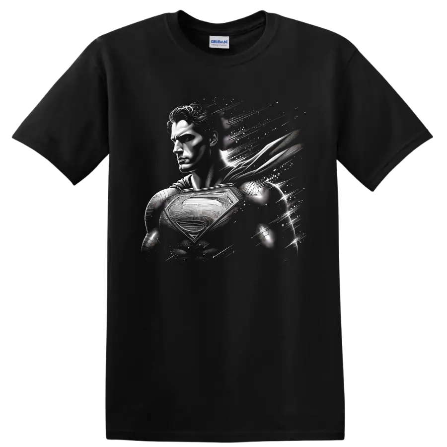 Superman monochrome abstract comic portrait with chest shield and pixel fragments on a Black T Shirt