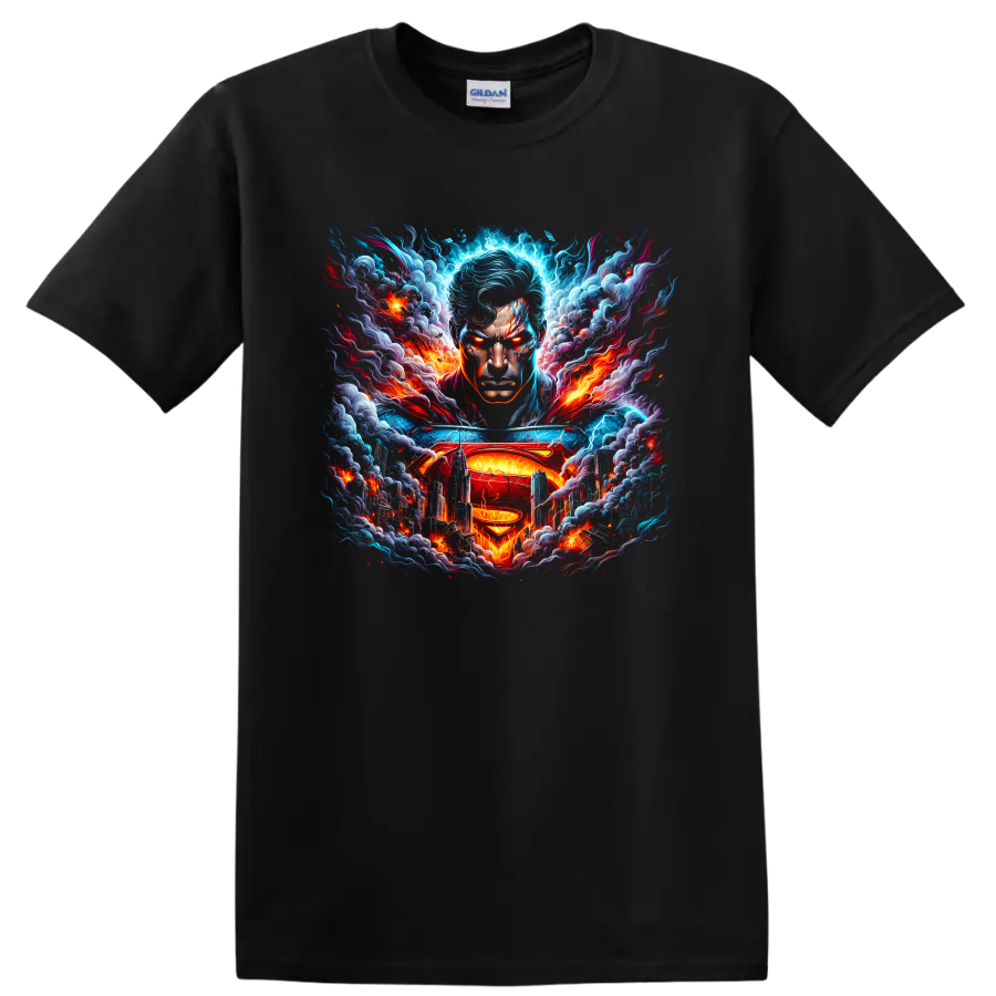 Superman portrait with S shield, lightning, flames, and futuristic city graphic art on a Black T Shirt
