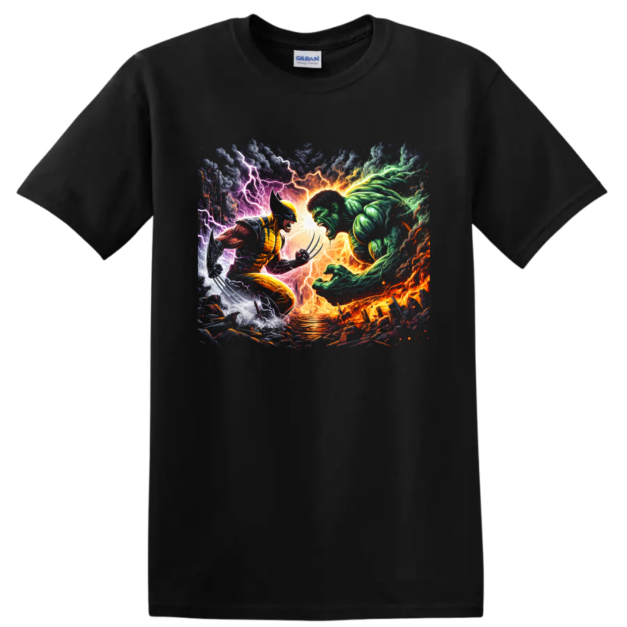 Wolverine vs Hulk comic art battle with claws, lightning, flames, and storm clouds on a Black T Shirt