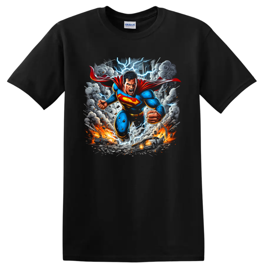 Superman charging through a lightning storm cityscape in dynamic comic art on a Black T Shirt