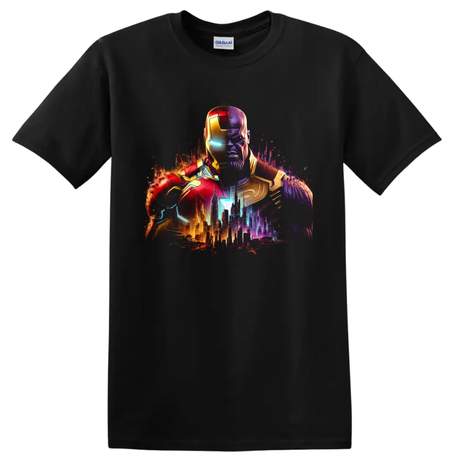 Iron Man and Thanos split armor portrait with neon futuristic city graphic on a Black T Shirt