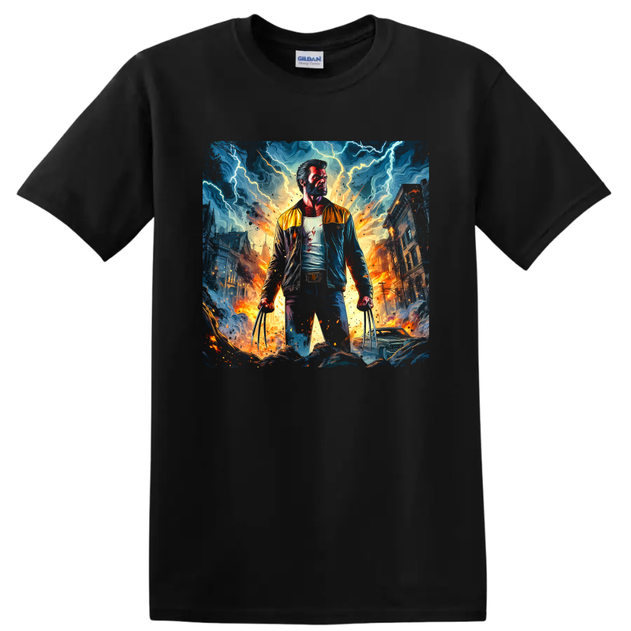 Wolverine with extended claws in a fiery stormy city battle graphic on a Black T Shirt