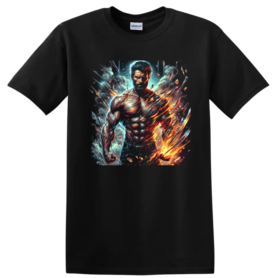 Wolverine fiery claw superhero warrior in explosive cosmic comic art on a Black T Shirt