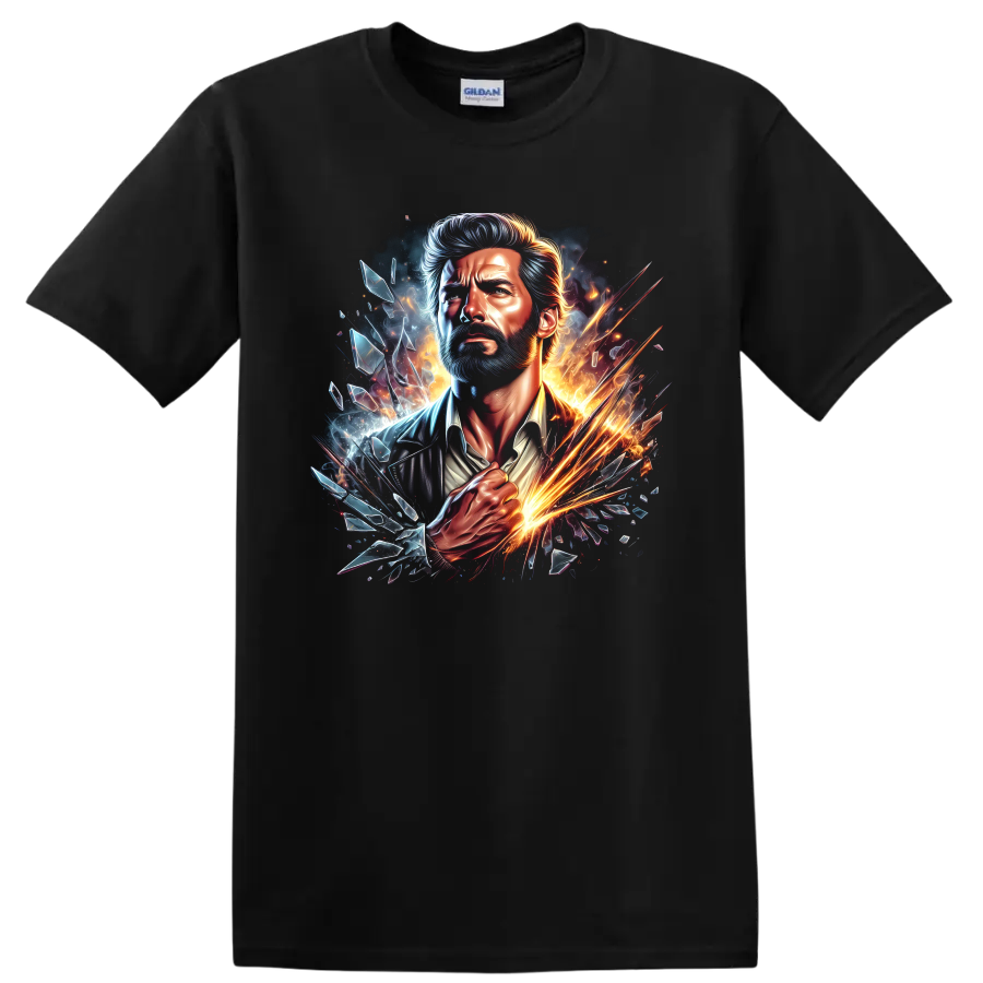 Old Man Logan Wolverine portrait with fiery sparks, blue energy, and shattered glass on a Black T Shirt