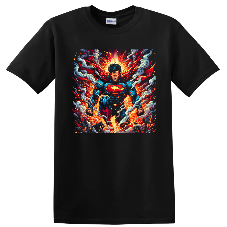 Superman fiery comic art graphic with red cape, chest emblem, smoke, and energy on a Black T Shirt
