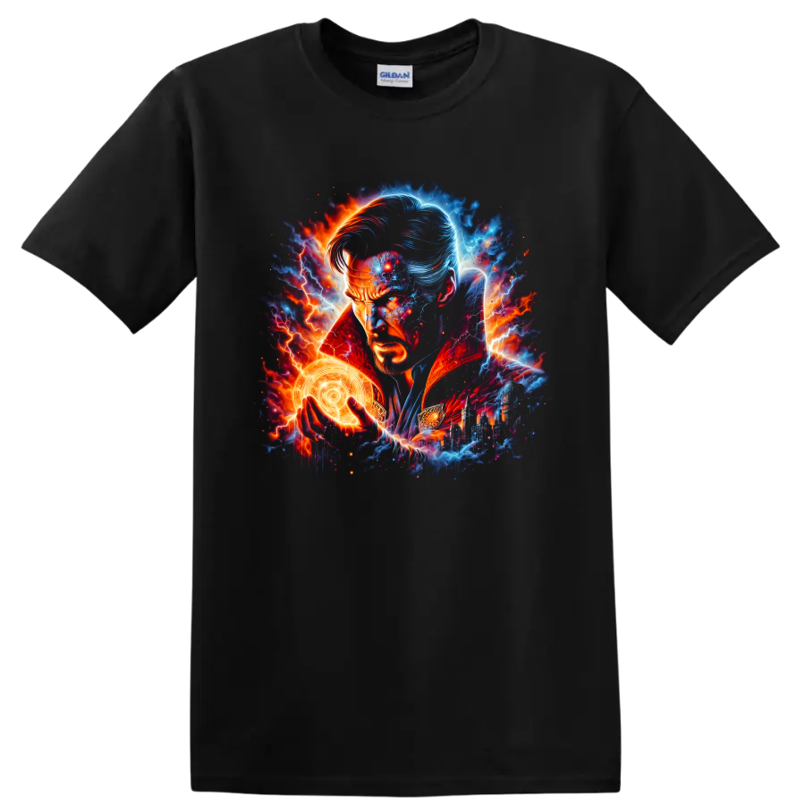 Doctor Strange portrait with glowing magic circle, lightning, and cosmic superhero art on a Black T Shirt