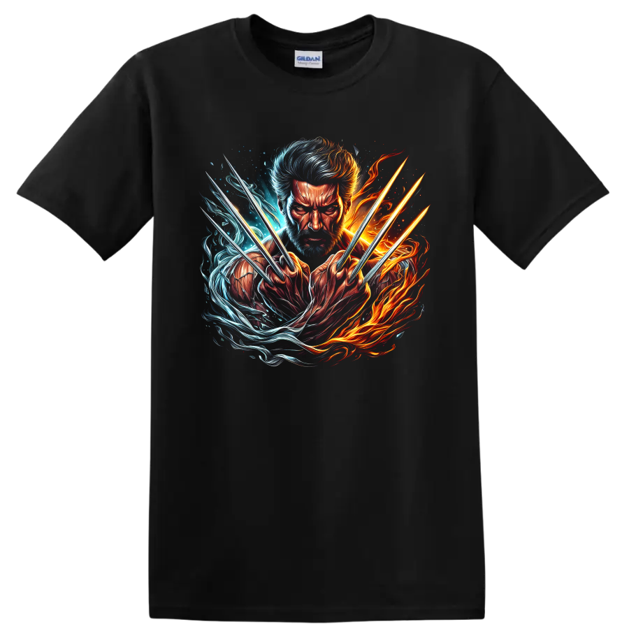 Wolverine Logan portrait with claws in fiery orange and icy blue comic art on a Black T Shirt