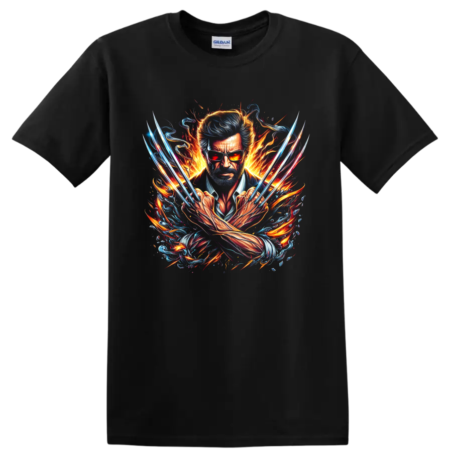 Wolverine Logan portrait with metal claws, flames, and blue comic-style energy on a Black T Shirt