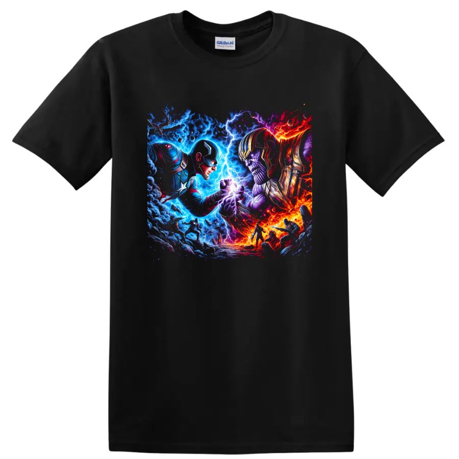 Captain America and Thanos in cosmic comic art battle with lightning and fire on a Black T Shirt